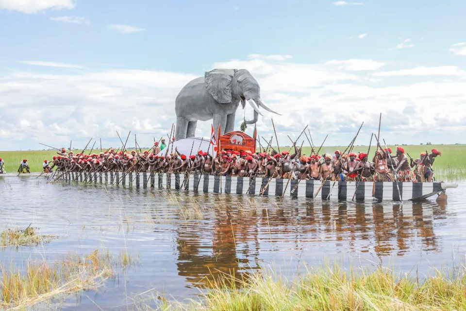 The Nalikwanda, the royal barge, crossing the flooded Barotse plain during Kuomboka