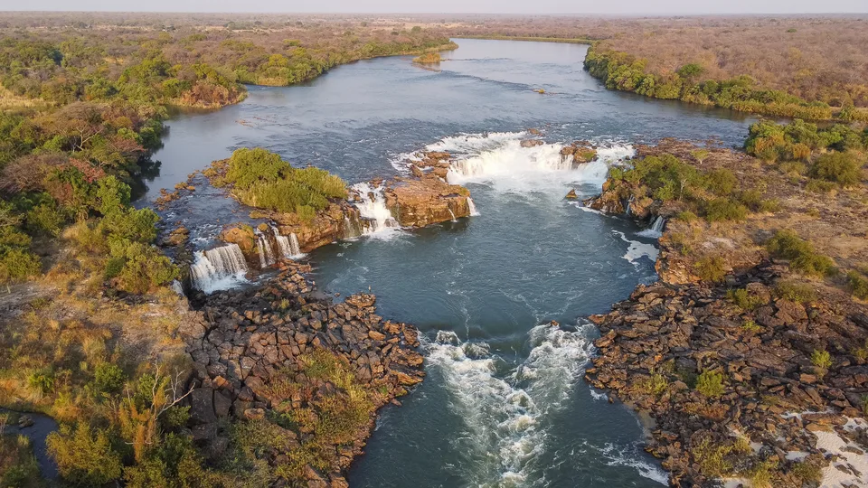 Aerial panorama of Ngonye (Sioma) Falls and the Zambezi in Sioma district, Zambia
